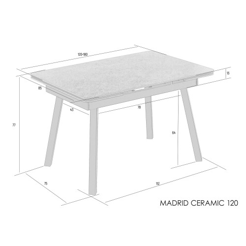 Стіл Madrid Ceramic 120(180)x85 білий глянець / чорний каркас Signal-k